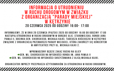 INFORMACJA O CZASOWEJ ORG. RUCHU – Parada Miejska